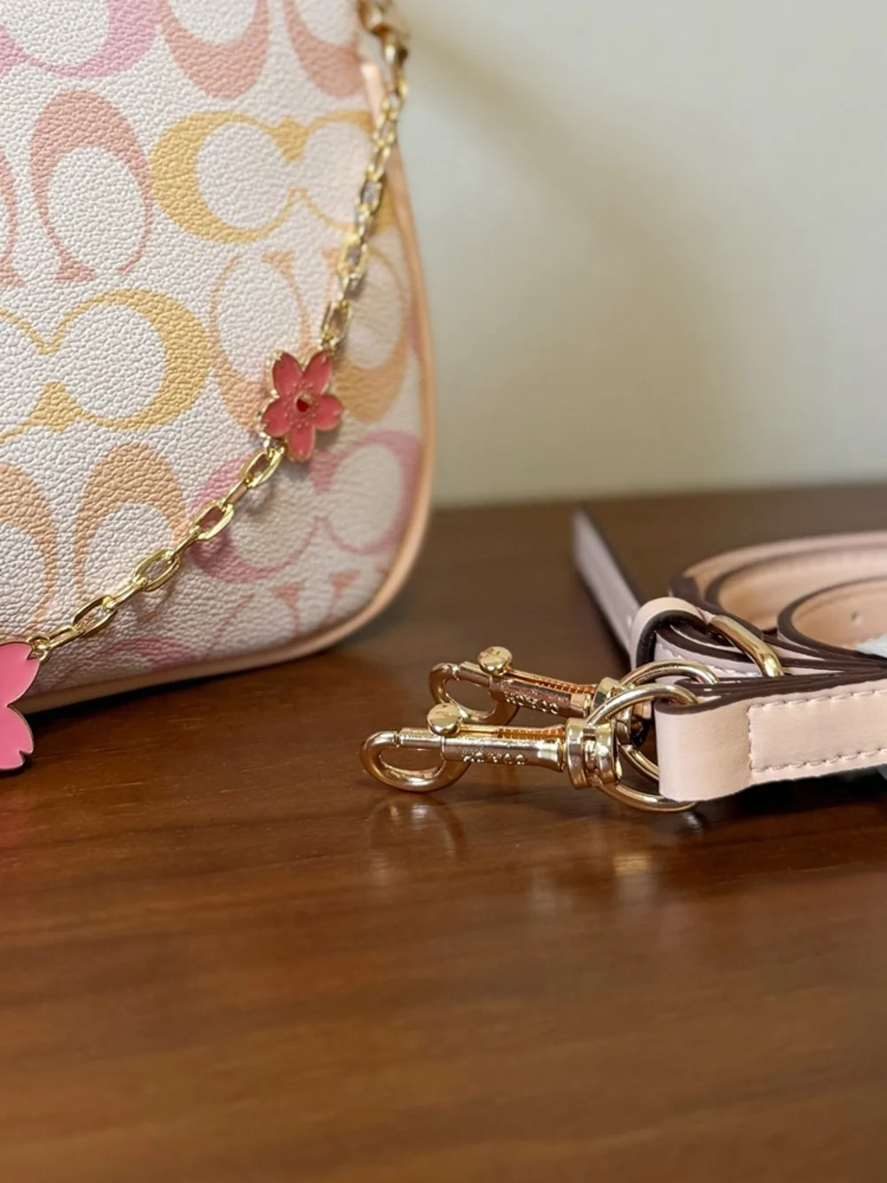 Coach Pink Pastel Signature Shoulder Bag with Cherry Blossom Chain